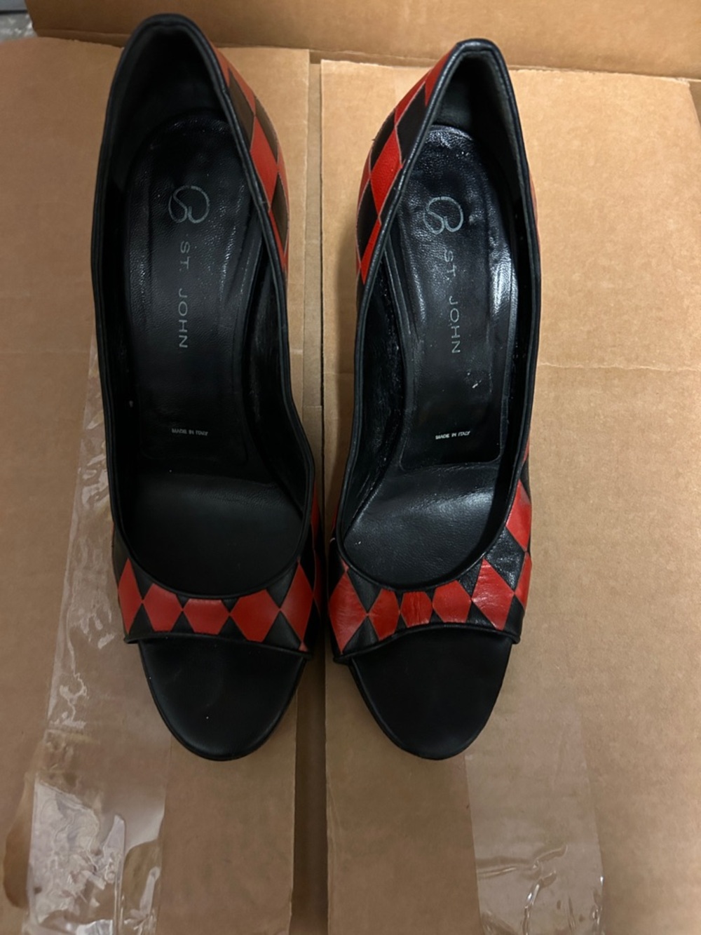 St. John Black and Red Leather Peep-Toe Pumps